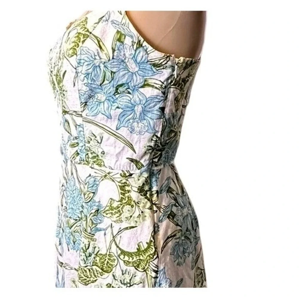 Ann Taylor LOFT Cotton Floral Sundress Blue Green Fit Flare Size 2 Cottage Core‎